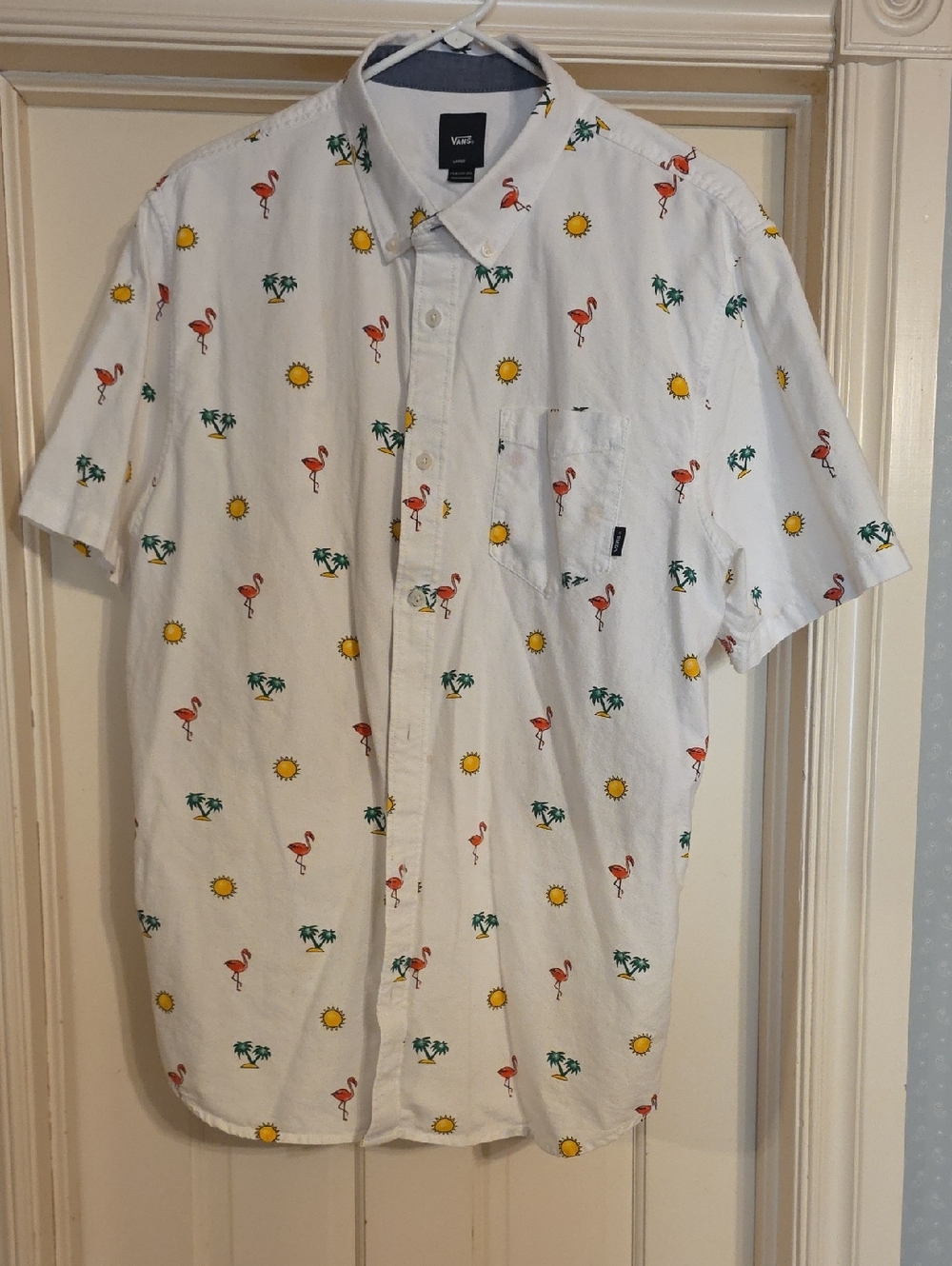 Vans White Short-Sleeve Button-Up with Flamingo & Sun Print